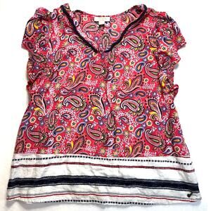 Wrangler Womans Red Paisley Multicolor Blouse Ruffled Trim Size Medium